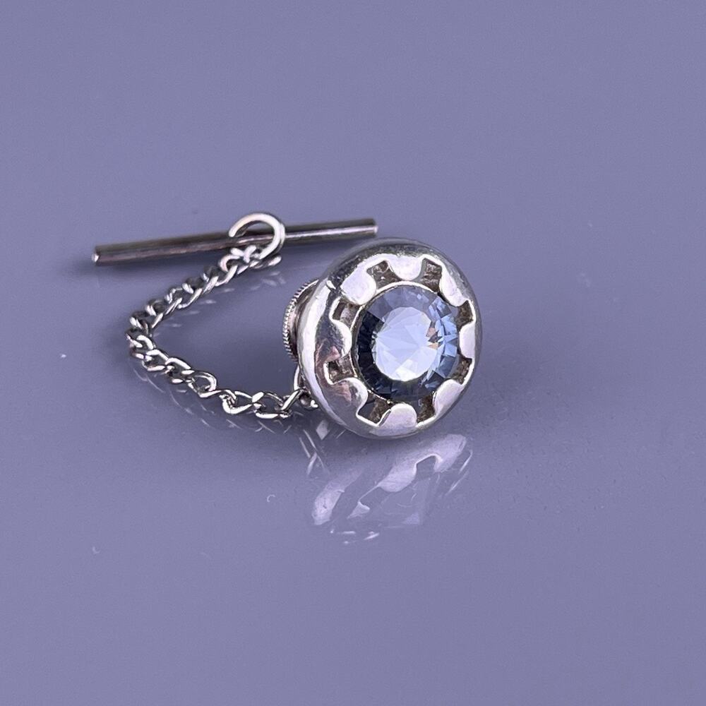 Round Gray Rhinestone Tie Tack Pin Silver Tone Glass Vintage